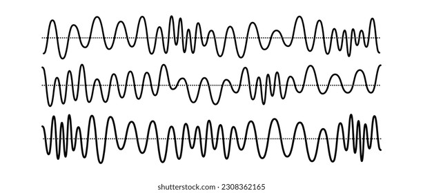 Sinusoid signals set. Black curve sound waves with different amplitude and frequency. Voice or music audio concept. Pulsating lines. Electronic radio graphics collection. Vector templates bundle