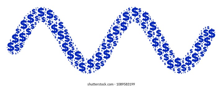 Sinusoid wave collage of dollars and round dots. Vector banking signs are arranged into sinusoid wave composition.
