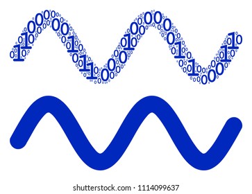 Sinusoid wave collage icon of zero and null digits in randomized sizes. Vector digits are arranged into sinusoid wave composition design concept.