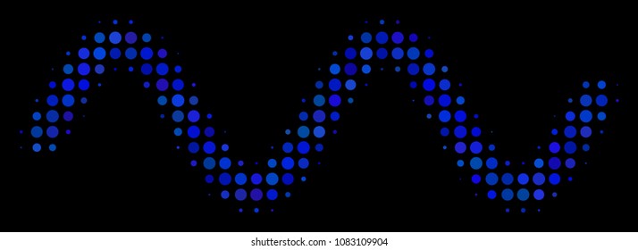 Sinusoid wave halftone vector icon. Illustration style is pixelated iconic sinusoid wave symbol on a black background. Halftone texture is constructed of round cells.