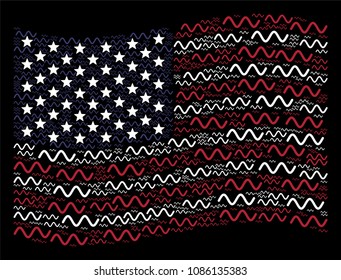 Sinusoid wave items are arranged into waving United States flag stylization on a dark background. Vector composition of America state flag is formed from sinusoid wave elements.