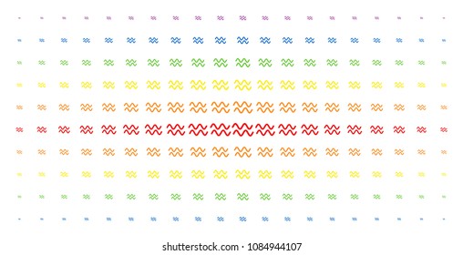 Sinusoid waves icon rainbow colored halftone pattern. Vector sinusoid waves pictograms are arranged into halftone matrix with vertical rainbow colors gradient. Designed for backgrounds, covers,