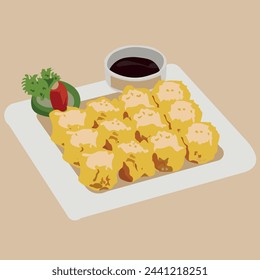 Siomai in a plate with garnish and sauce digital illustration