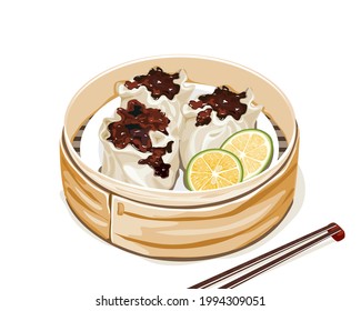 siomai sa tisa, bolas de cerdo chinas al vapor en una canasta de bambú. Bolas de voley al vapor aisladas sobre fondo blanco. Cierra la ilustración vectorial de la mano de alimentos asiáticos.