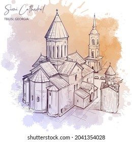 Sioni Cathedral in Tbilisi, Georgia. Line drawing isolated on grunge watercolor textured background. 