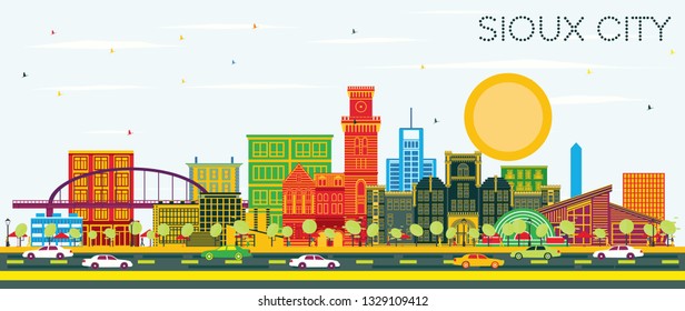 Sioux City Iowa Skyline with Color Buildings and Blue Sky. Vector Illustration. Business Travel and Tourism Illustration with Historic Architecture. 