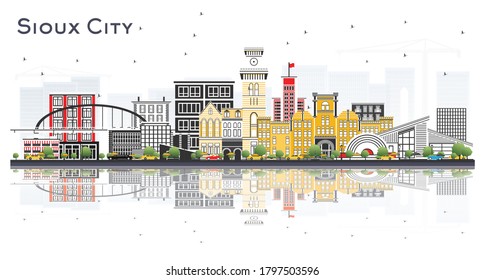 Sioux City Iowa Skyline with Color Buildings and Reflections Isolated on White Background. Vector Illustration. Business Travel and Tourism Illustration with Historic Architecture.