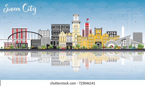 Sioux City Iowa Skyline with Color Buildings, Blue Sky and Reflection. Vector Illustration. Business Travel and Tourism Illustration with Historic Architecture.