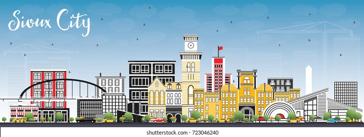 Sioux City Iowa Skyline with Color Buildings and Blue Sky. Vector Illustration. Business Travel and Tourism Illustration with Historic Architecture.