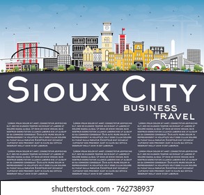 Sioux City Iowa Skyline with Color Buildings, Blue Sky and Copy Space. Vector Illustration. Business Travel and Tourism Illustration with Historic Architecture.