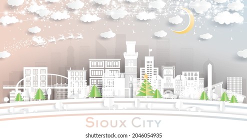Sioux City Iowa City Skyline in Paper Cut Style with Snowflakes, Moon and Neon Garland. Vector Illustration. Christmas and New Year Concept. Santa Claus on Sleigh. Sioux City Cityscape and Landmarks.