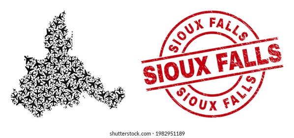 Sioux Falls rubber seal, and Zaragoza Province map collage of air plane items. Collage Zaragoza Province map created with air planes. Red imprint with Sioux Falls tag, and unclean rubber texture.