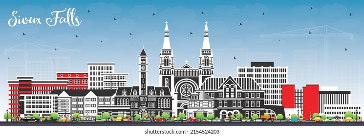 Sioux Falls South Dakota City Skyline with Color Buildings and Blue Sky. Vector Illustration. Sioux Falls USA Cityscape with Landmarks. Business Travel and Tourism Concept with Modern Architecture.