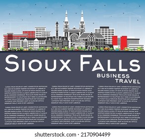 Sioux Falls South Dakota City Skyline with Color Buildings, Blue Sky and Copy Space. Vector Illustration. Sioux Falls USA Cityscape with Landmarks. Tourism Concept with Modern Architecture.