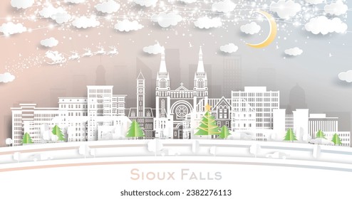 Sioux Falls South Dakota. Winter city skyline in paper cut style with snowflakes, moon and neon garland. Christmas, new year concept. Santa Claus on sleigh. Sioux Falls USA cityscape with landmarks.