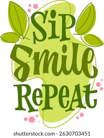 Repetir Sorriso Sip. A tipografia apresenta um roteiro divertido e letras em negrito, acentuadas por elementos de folha orgânicos. Um fundo suave amarelo-verde complementa os acentos cor-de-rosa.