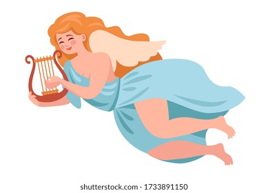 
a sipatic muse with wings flies and plays the lyre