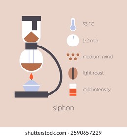 Siphon coffee brewing method infographic. Flat vector illustration coffee maker. Instruction of preparation caffeine drink with temperature, roasting and grind parameters.