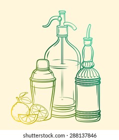 Siphon with soda, bottle with syrup, citruses and shaker