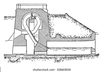 Siphon weirs installed through the dam of Mittersheim, vintage engraved illustration. Industrial encyclopedia E.-O. Lami - 1875.
