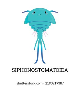 Siphonostomatoida Cute And Funny Sea Plankton Microscopic Organism Or Crustacean Animal Cartoon Character, Flat Vector Illustration Isolated On White Background.