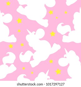 Sipmle shape of blue unicorns. Seamless pattern. Design with stars. Vector illustration. Print, poster, wallpaper, wrapping paper, background, cover, textile and fabric decoration.