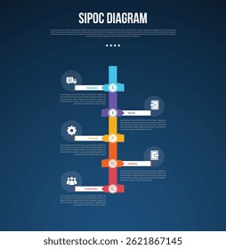 SIPOC diagram analysis infographic template with vertical timeline and transparent circle on edge dark background style with 5 point for slide presentation vector