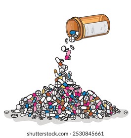 sipping different  pills on pile orange container medicine illustration on white background