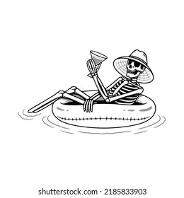 SIPPING ON BOOZE SKELETON FLOATS ON AN INFLATABLE RING BLACK WHITE BACKGROUND