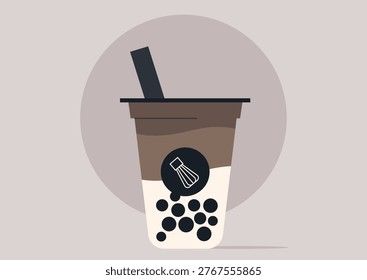 Sipping on a delightful cup of hojicha boba tea, this cozy cafe atmosphere invites relaxation, Layers of cream mingle with sweet bubbles, making each sip a flavorful experience.