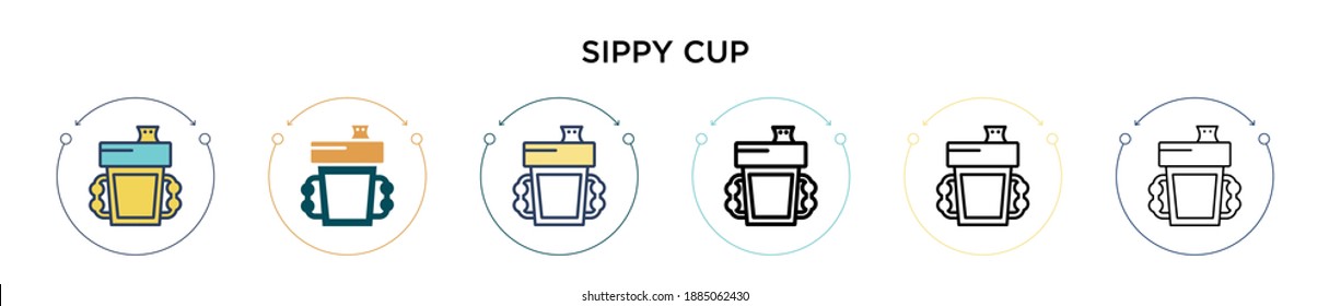 Icono de taza de Sippy en estilo relleno, delgado, contorno y trazo. Ilustración vectorial de dos íconos vectores coloridos y negros de la taza de sippy pueden utilizarse para móviles, ui, web