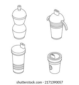Sippy cup icons set. Isometric set of sippy cup vector icons outline isolated on white background