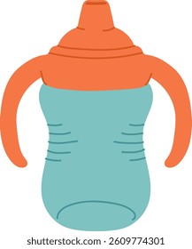 A sippy cup with two large handles and a spout, drawn in a simple style. The cup features a smooth surface and ergonomic design for easy gripping. Cartoon vector illustration.