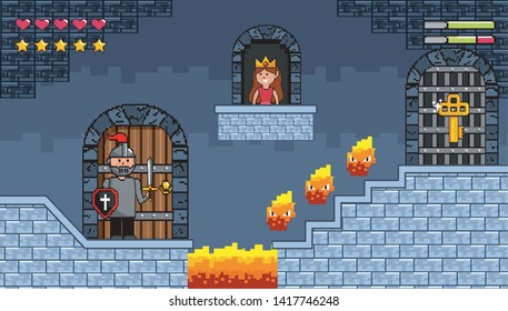 sir boy inside castle with fire character and princess in the window