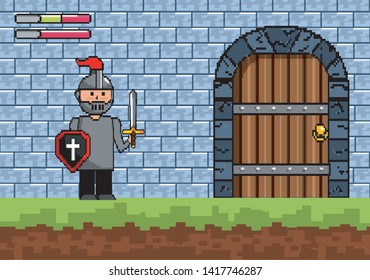 sir boy with shield and sword with castle door