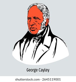 Sir George Cayley foi um cientista e inventor inglês. Um dos primeiros teóricos e pesquisadores no campo das máquinas voadoras mais pesadas do que o ar. Ilustração de vetor desenhada à mão