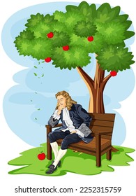 Sir Isaac Newton and discovery of gravitation theory vector illustration.Sir Isaac Newton sitting down under the apple tree. Scientist Newton sit under the tree while the apple falling on the ground