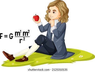 Sir Isaac Newton with gravitation theory illustration