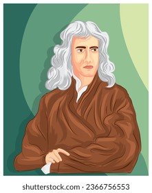 Sir Isaac Newton, Known as a mathematician and physicist, Portrait color illustration isolated on green background in vector illustration