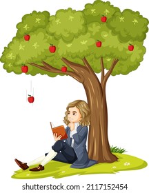 Sir Isaac Newton sitting down under the apple tree reading a book illustration