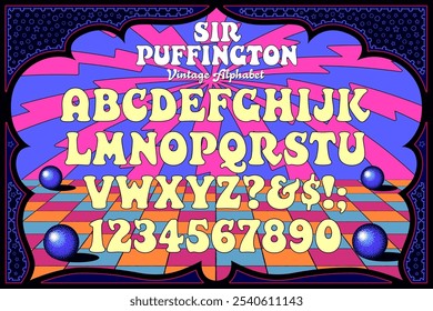 Sir Puffington is a plump, soft, and whimsical alphabet, good for 1970s pop psychedelia, children's book titles, and snack packaging.