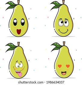 Sir, this pear has several facial expressions, including an amazed face, a happy quiet face, a crazy face with a sticking out tongue and a face in love with heart-shaped eyes.