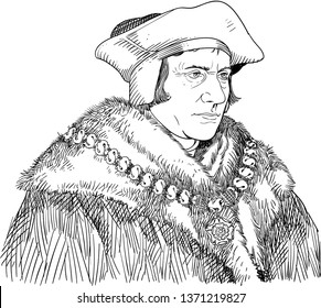 Sir Thomas More (1478-1535) portrait in line art illustration. He was an English lawyer, social philosopher, author, statesman and noted Renaissance humanist.