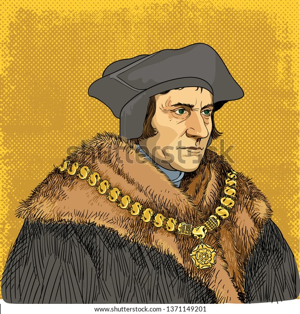 Sir Thomas More (1478-1535) portrait in line art illustration. He was an English lawyer, social philosopher, author, statesman and noted Renaissance humanist.