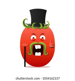 Sir tomato character. Vegetable for print, menu, recipe. Educated intellectual, official, magician. Vector cartoon illustration