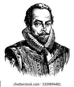 Sir Walter Raleigh 1554 to 1618 he was an English writer poet soldier politician courtier spy and explorer vintage line drawing or engraving illustration