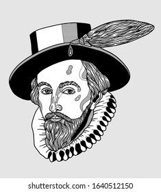 Sir Walter Raleigh. Vector illustration hand drawn.