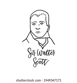 Sir Walter Scott linear sketch portrait isolated on white background for prints, greeting cards. English famous great writer. Vector hand drawn illustration with lettering text.