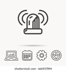 Siren alarm icon. Alert flashing light sign. Notebook, Calendar and Cogwheel signs. Download arrow web icon. Vector
