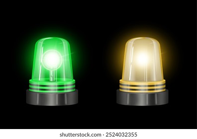 Siren flashing lights for vehicles, urgency and emergency situation. Vector isolated set of bulbs for cars of police, ambulance or fire brigade. Projector for traffic, beacon for attention